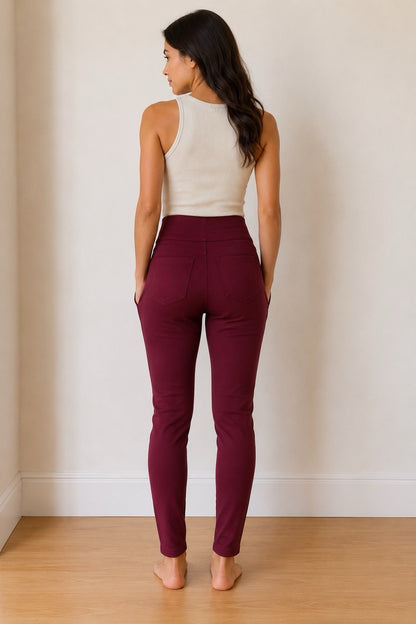 Women's Burgundy High Waist Skinny Stretch Pants Pull On Size Small - Lumi and Leo