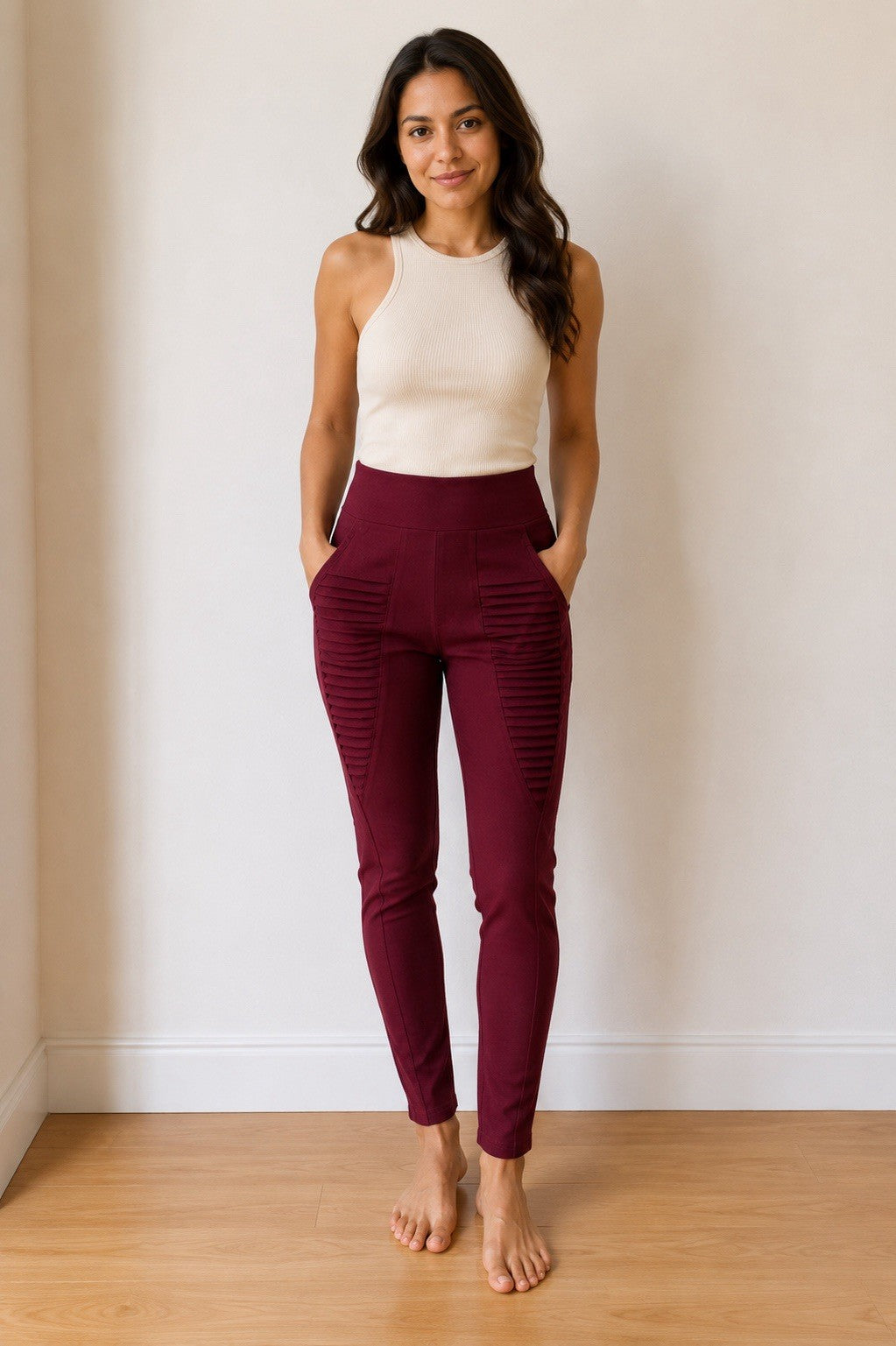 Women's Burgundy High Waist Skinny Stretch Pants Pull On Size Small