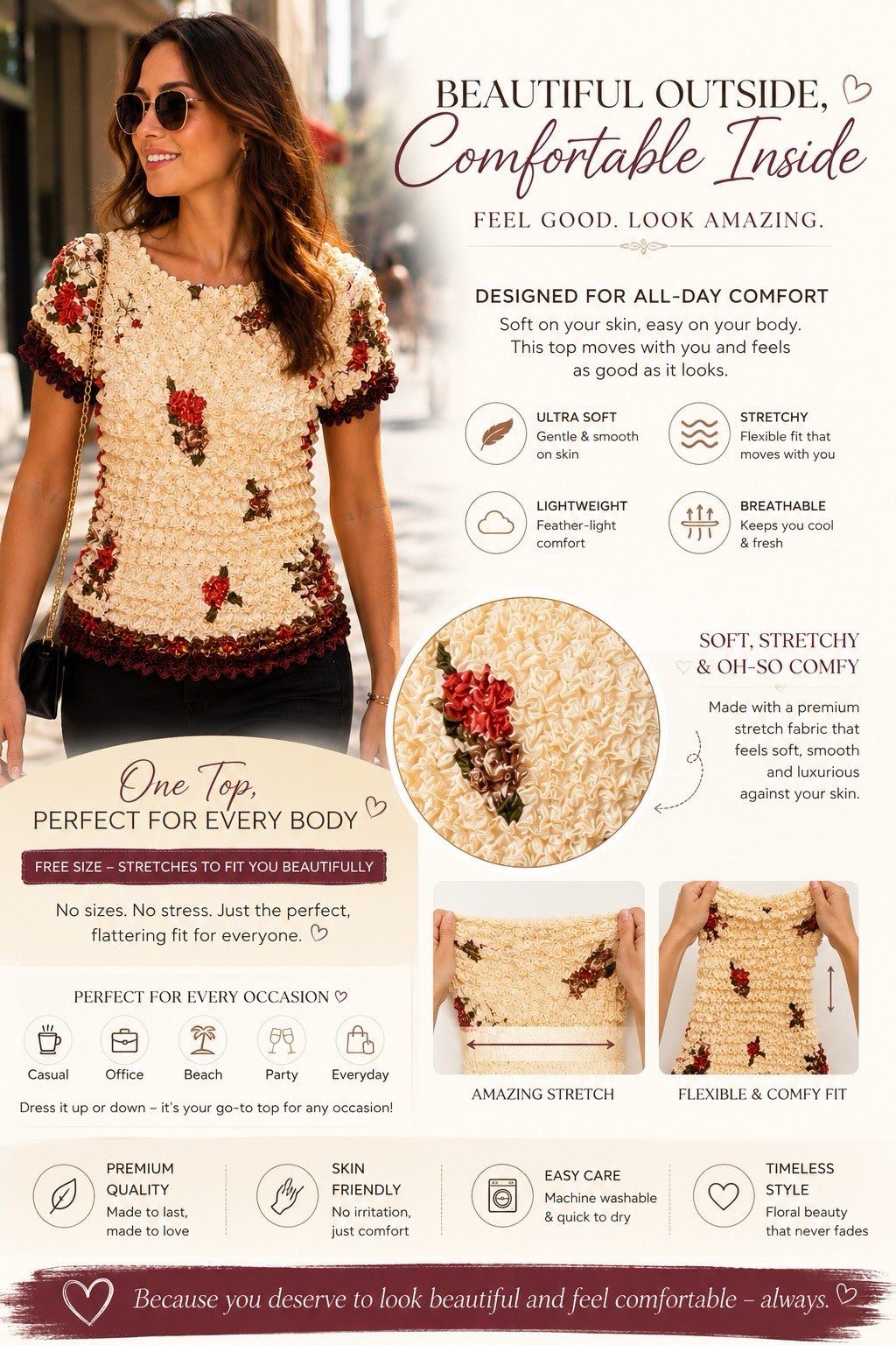 🌸 Women’s Cream Burgundy Floral Stretch Top – Free Size 🌸