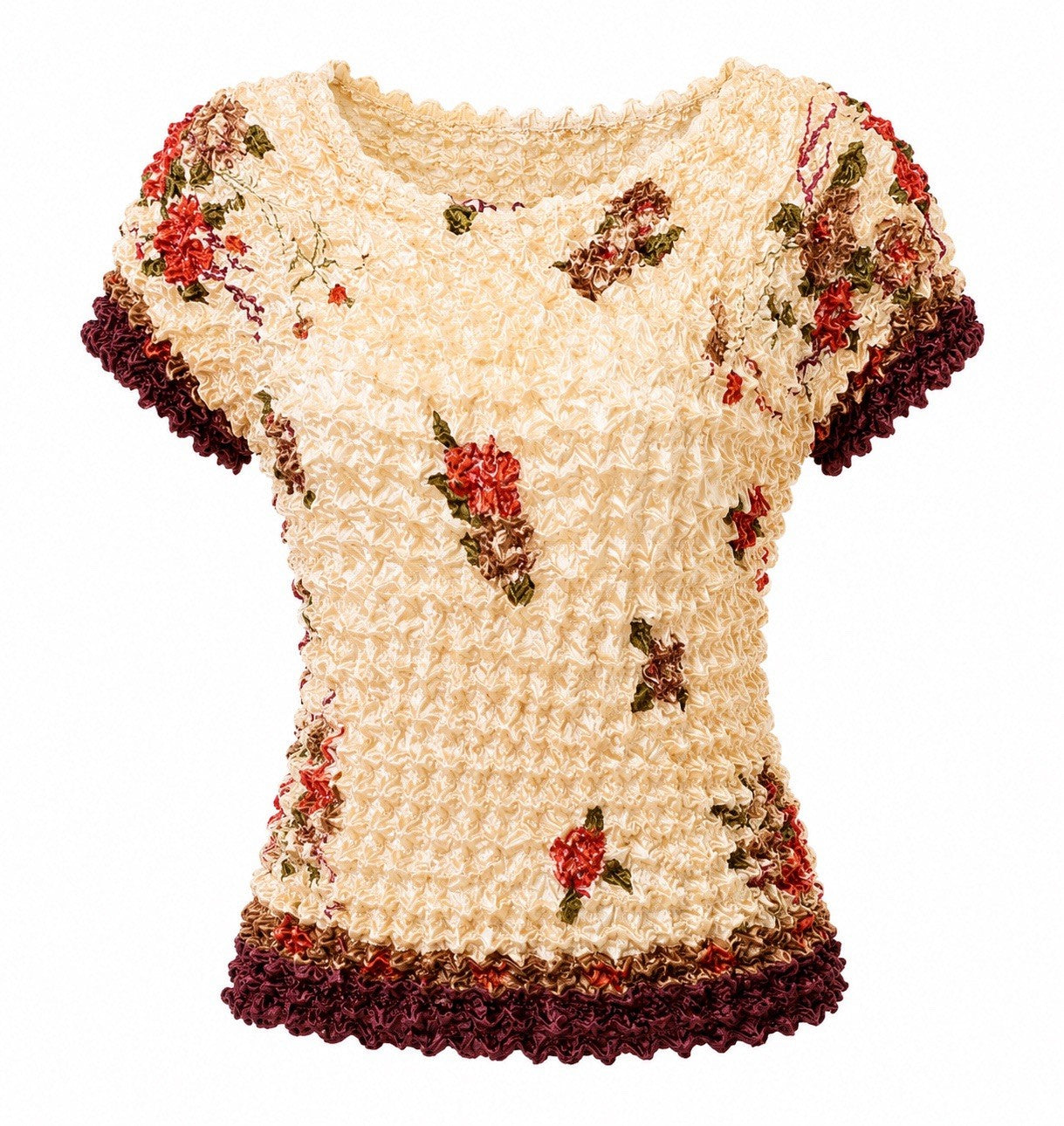 🌸 Women’s Cream Burgundy Floral Stretch Top – Free Size 🌸