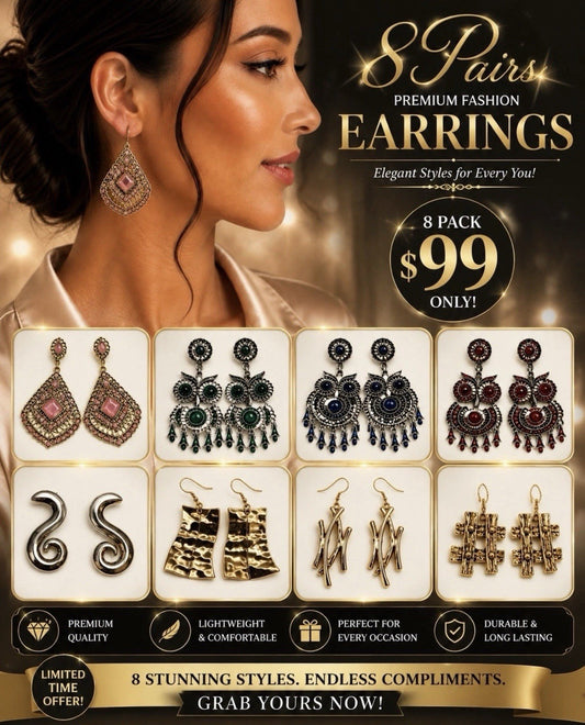 Women's Fashion Earrings Set 8 Pairs Vintage Boho Dangle Stud Gold Tone Jewelry - Lumi and Leo