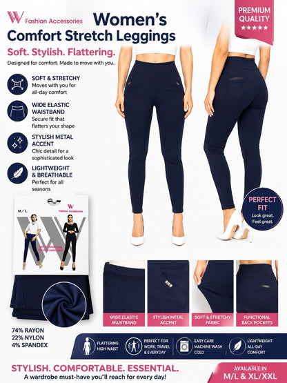 Women's High Waist Stretch Leggings Pull On Pants Soft Pockets Navy Blue - Lumi and Leo