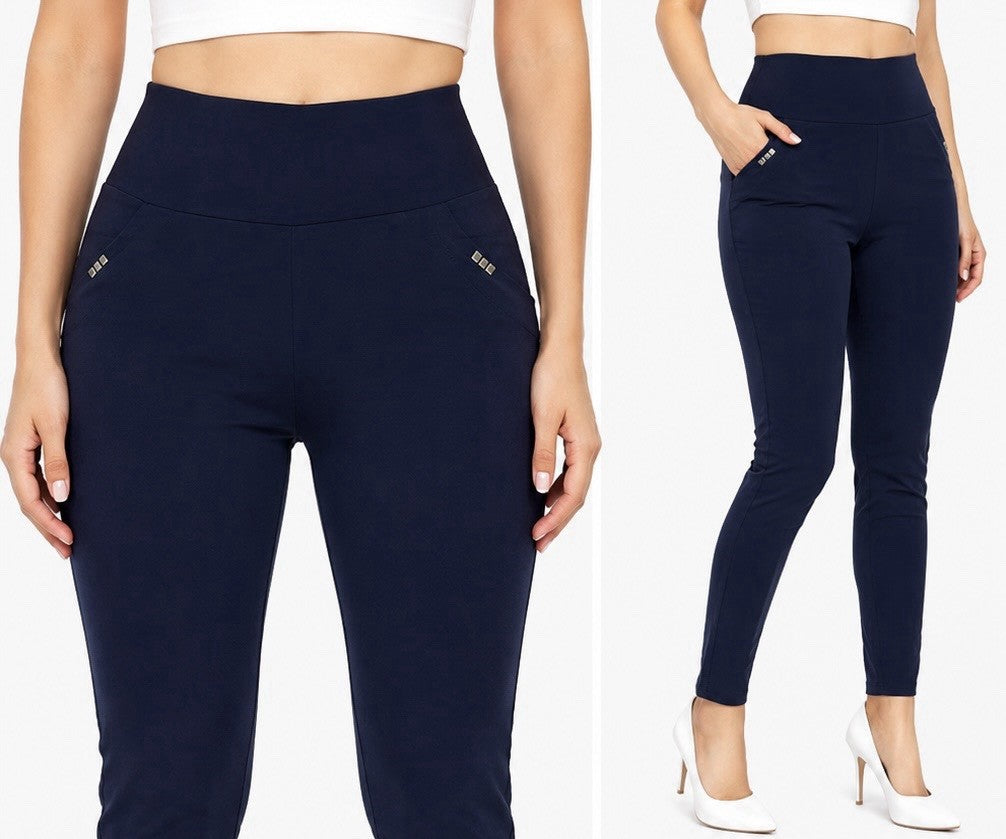 Women's High Waist Stretch Leggings Pull On Pants Soft Pockets Navy Blue - Lumi and Leo
