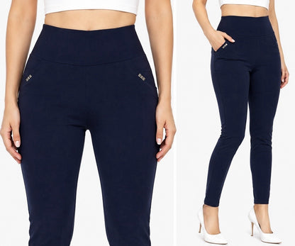 Women's High Waist Stretch Leggings Pull On Pants Soft Pockets Navy Blue - Lumi and Leo