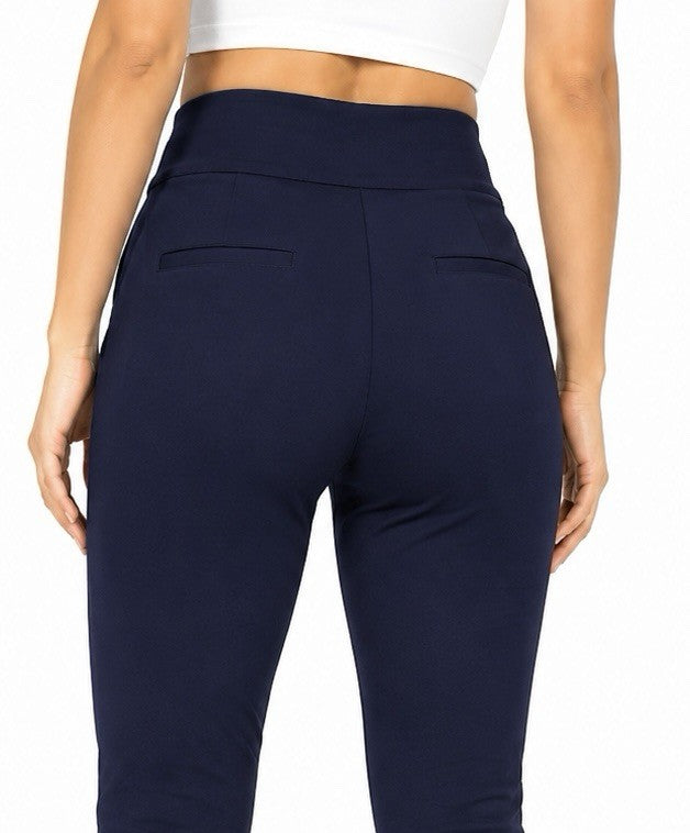 Women's High Waist Stretch Leggings Pull On Pants Soft Pockets Navy Blue - Lumi and Leo