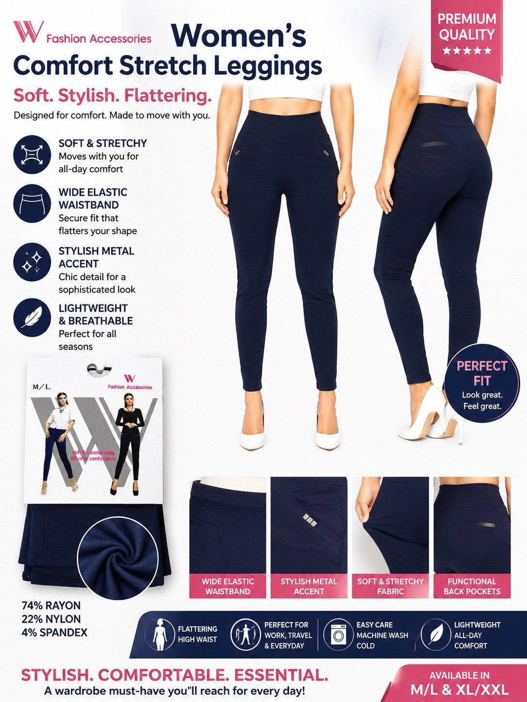 Women's High Waist Stretch Leggings Pull On Pants Soft Pockets Navy Blue - Lumi and Leo