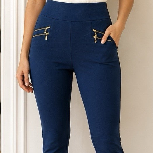 Women's High Waist Stretch Leggings Pull On Pants Soft Pockets Navy Blue