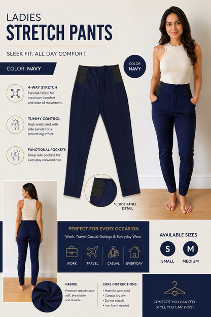 Women's High Waist Stretch Leggings Pull On Pants Soft Pockets Navy Blue - Lumi and Leo