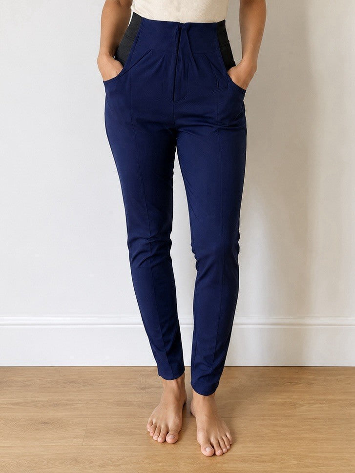 Women's High Waist Stretch Leggings Pull On Pants Soft Pockets Navy Blue