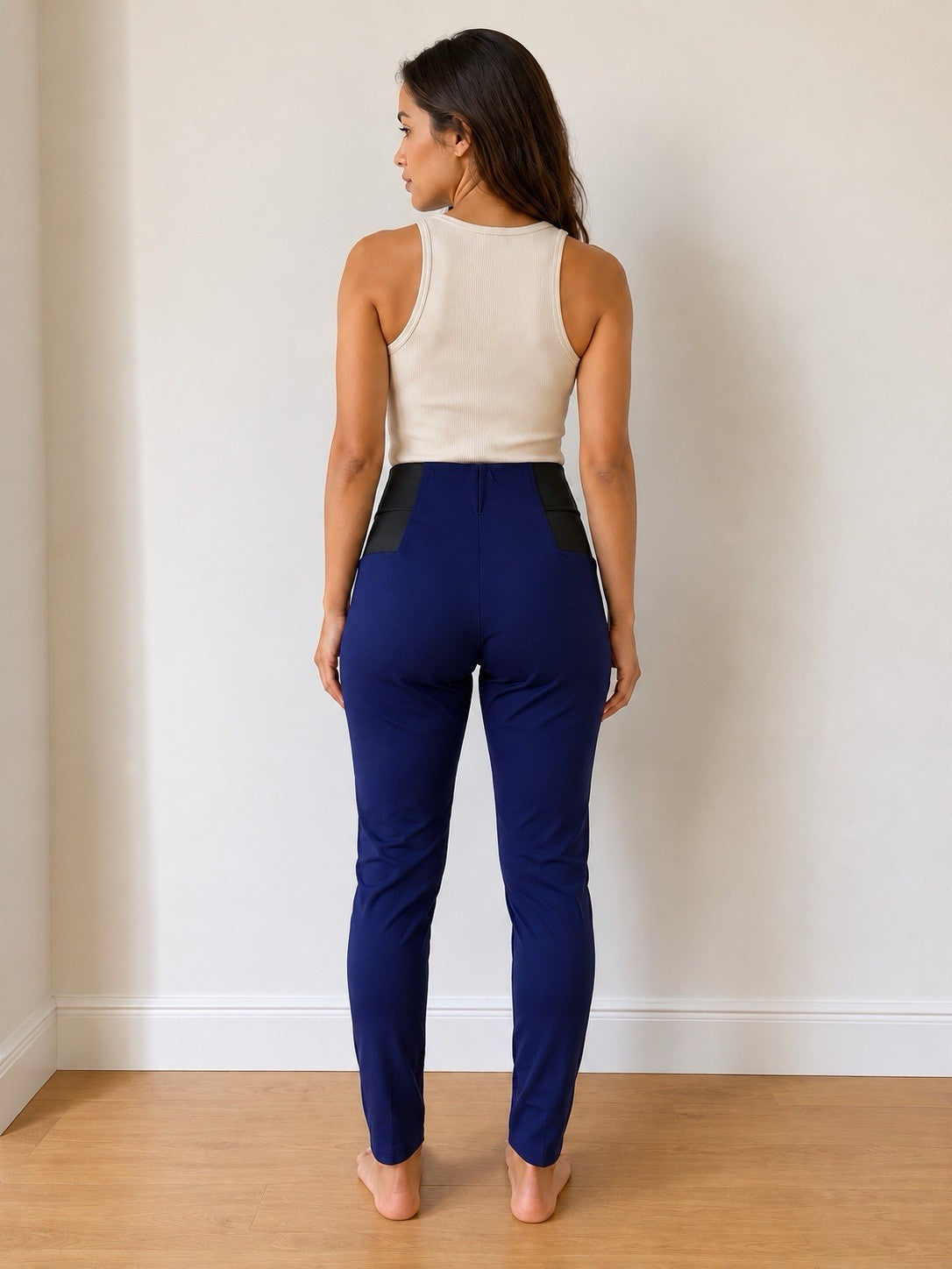 Women's High Waist Stretch Leggings Pull On Pants Soft Pockets Navy Blue