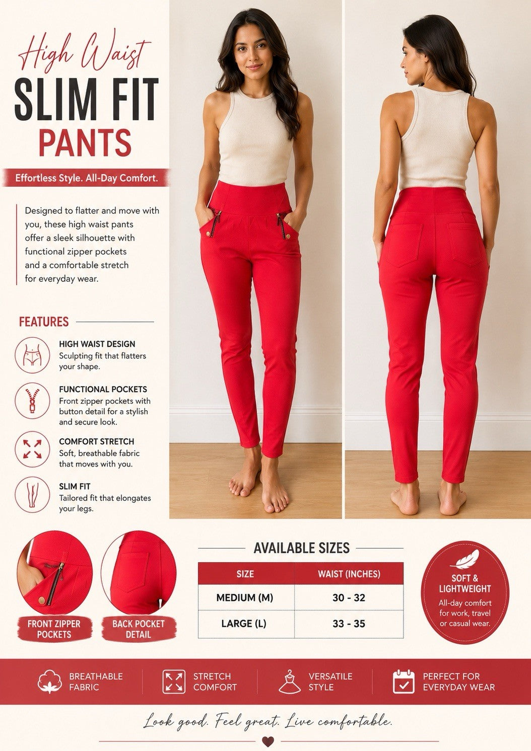 Women's Red High Waist Stretch Slim Fit Pull On Pants Pockets Size Medium - Lumi and Leo