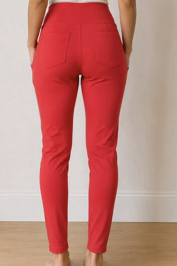 Women's Red High Waist Stretch Slim Fit Pull On Pants Pockets Size Medium - Lumi and Leo