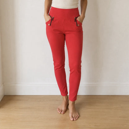 Women's Red High Waist Stretch Slim Fit Pull On Pants Pockets Size Medium - Lumi and Leo