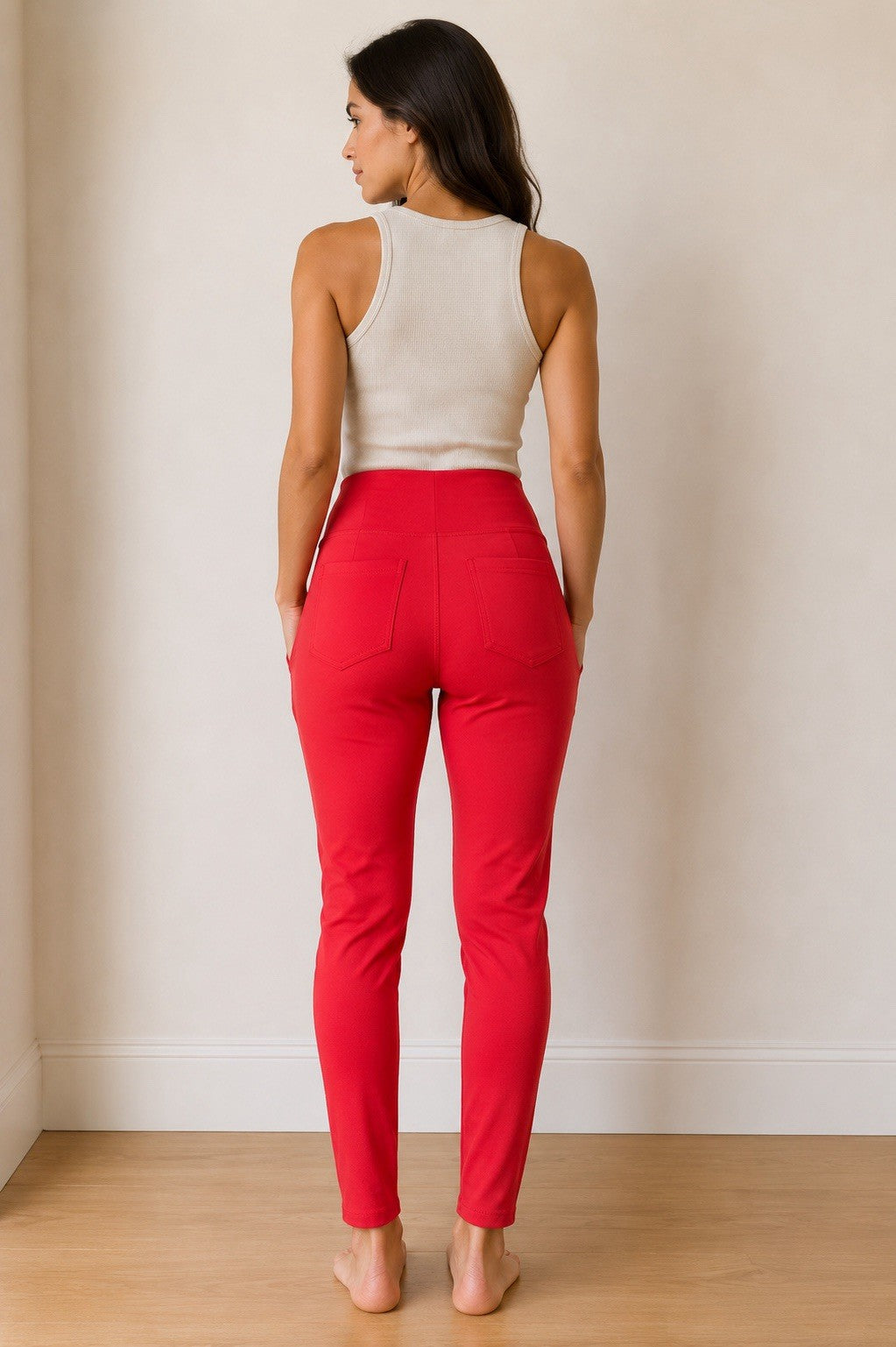 Women's Red High Waist Stretch Slim Fit Pull On Pants Pockets Size Medium