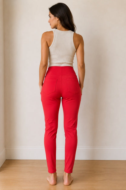 Women's Red High Waist Stretch Slim Fit Pull On Pants Pockets Size Medium - Lumi and Leo