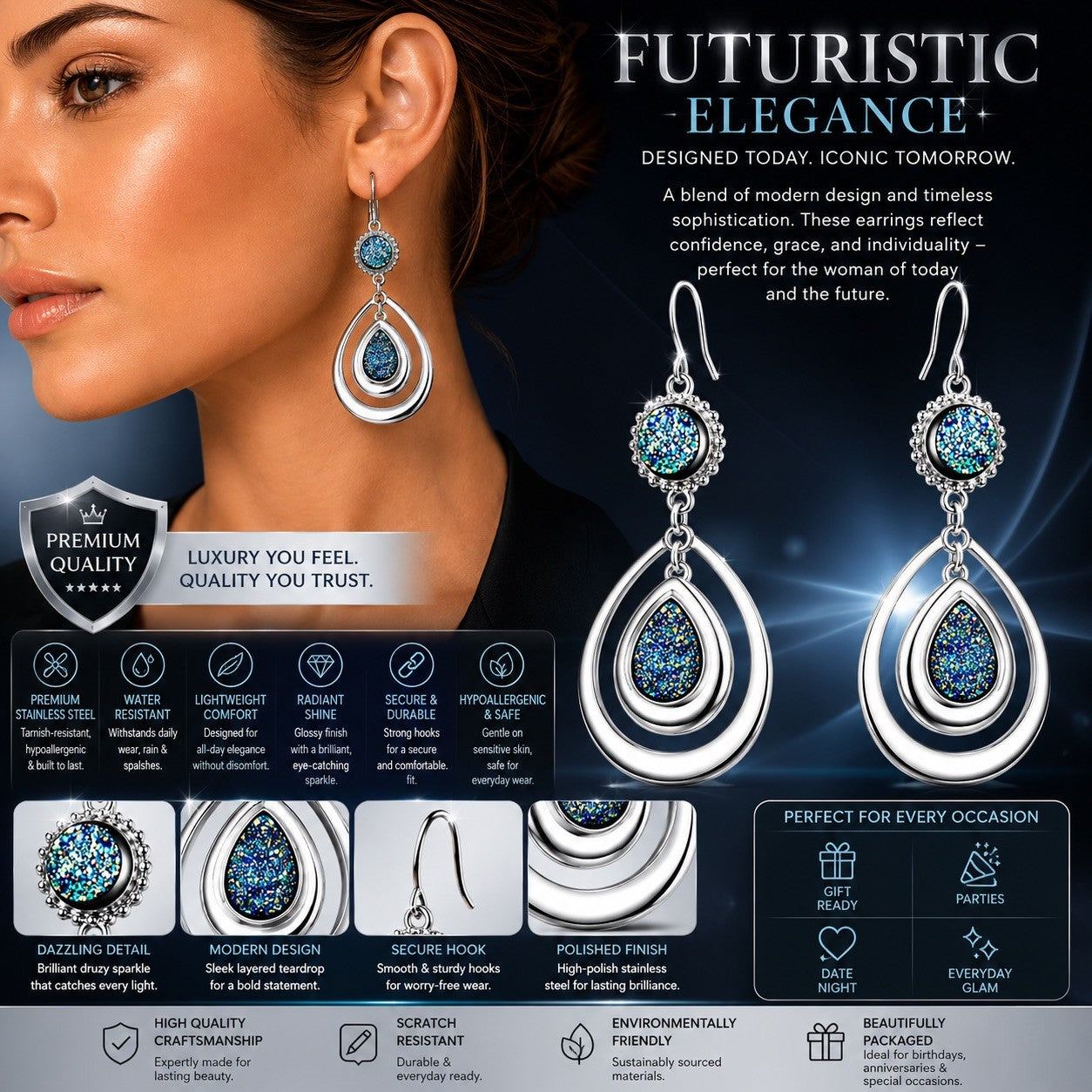 Women's Stainless Steel Dangle Earrings Hypoallergenic Lightweight Fashion Gift