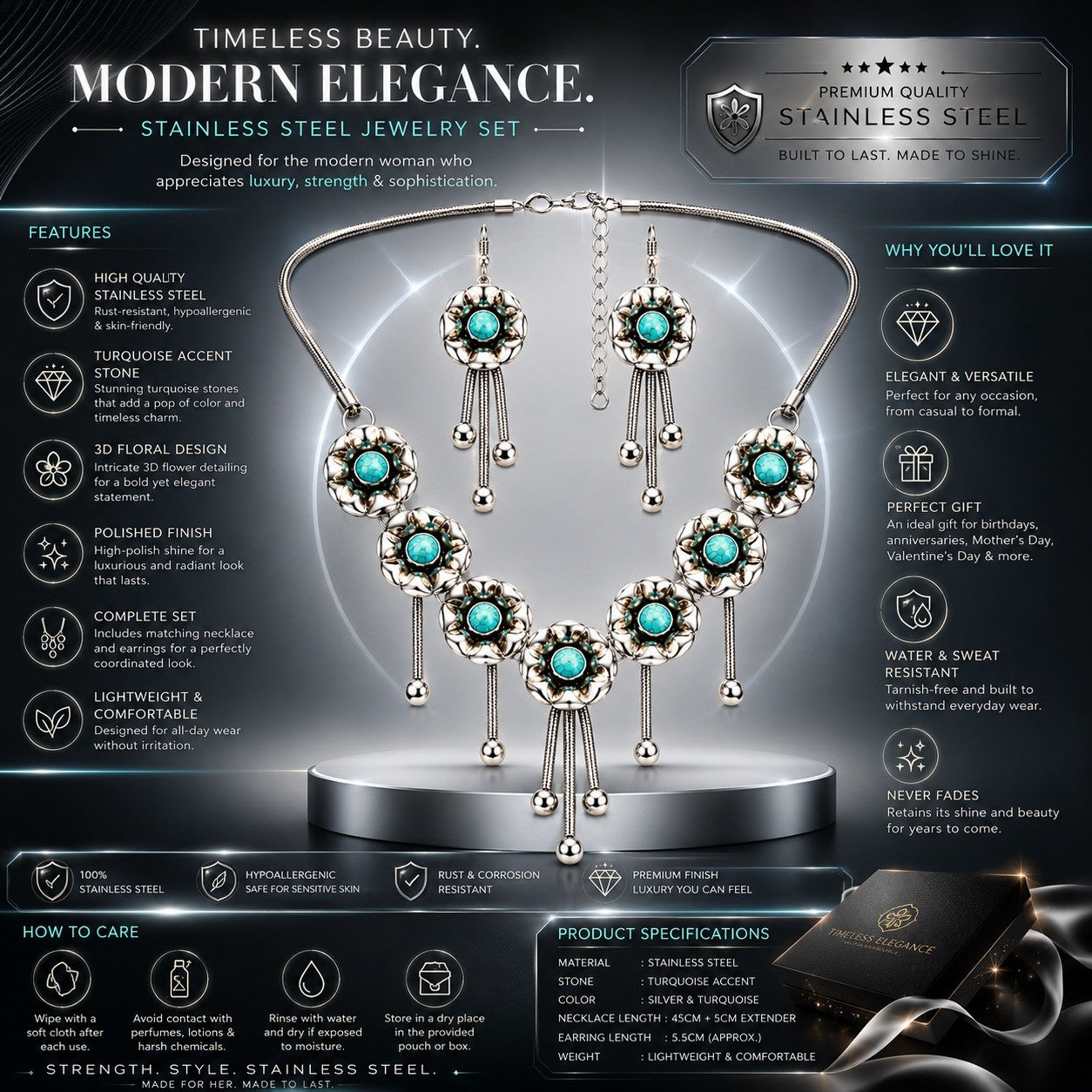 Women’s Stainless Steel Necklace & Earrings Jewelry Set Floral Adjustable Gift - Lumi and Leo