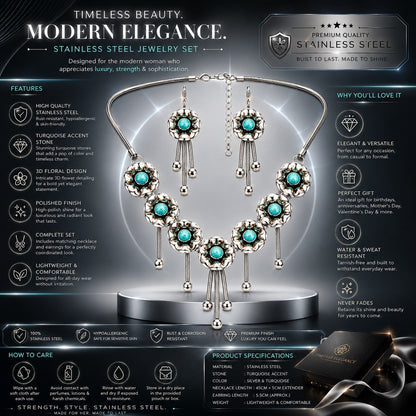 Women’s Stainless Steel Necklace & Earrings Jewelry Set Floral Adjustable Gift - Lumi and Leo