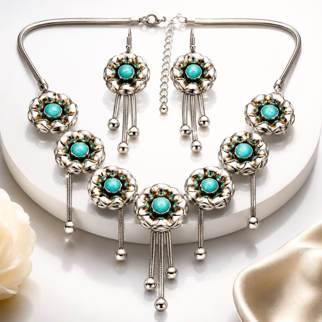 Women’s Stainless Steel Necklace & Earrings Jewelry Set Floral Adjustable Gift - Lumi and Leo