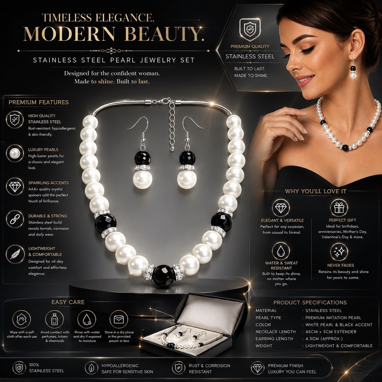 Women’s Stainless Steel Necklace & Earrings Jewelry Set Floral Adjustable Gift - Lumi and Leo