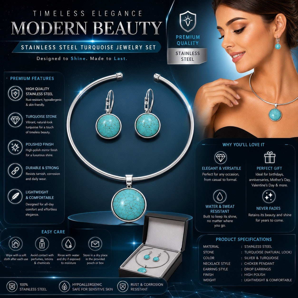 Women’s Stainless Steel Necklace & Earrings Jewelry Set Floral Adjustable Gift - Lumi and Leo