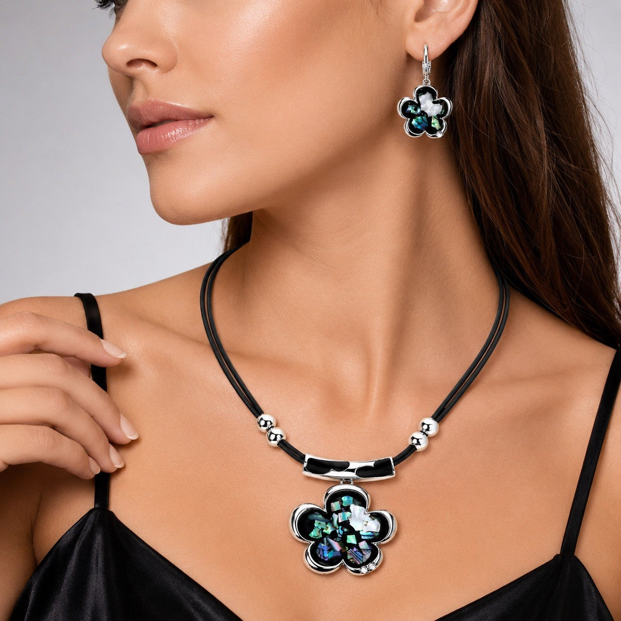 Women’s Stainless Steel Necklace & Earrings Jewelry Set Floral Adjustable Gift