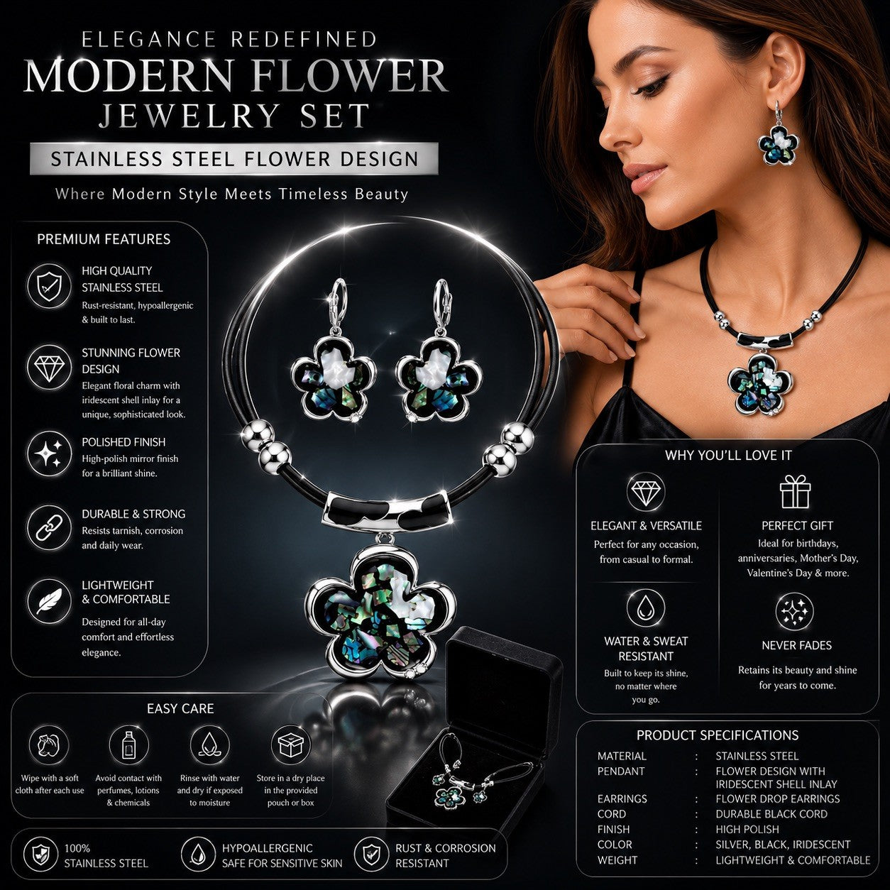 Women’s Stainless Steel Necklace & Earrings Jewelry Set Floral Adjustable Gift