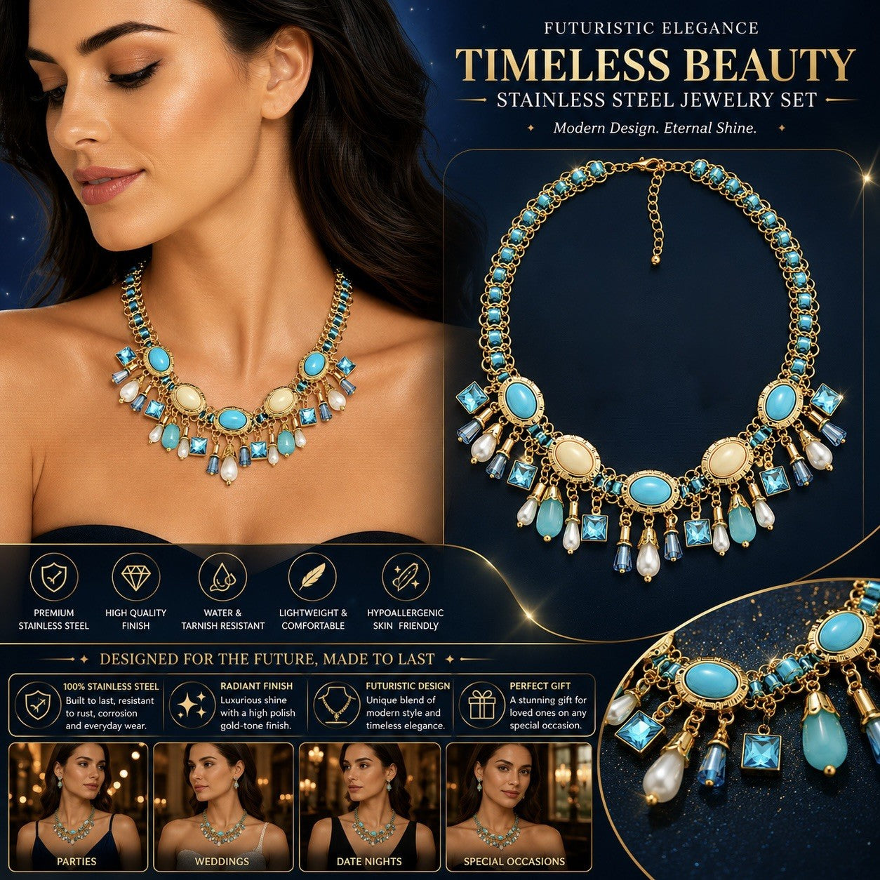 Women’s Stainless Steel Necklace & Earrings Jewelry Set Floral Adjustable Gift - Lumi and Leo