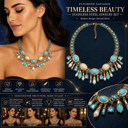 Women’s Stainless Steel Necklace & Earrings Jewelry Set Floral Adjustable Gift - Lumi and Leo