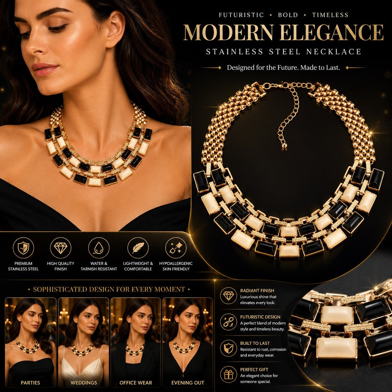 Women’s Stainless Steel Necklace & Earrings Jewelry Set Floral Adjustable Gift - Lumi and Leo