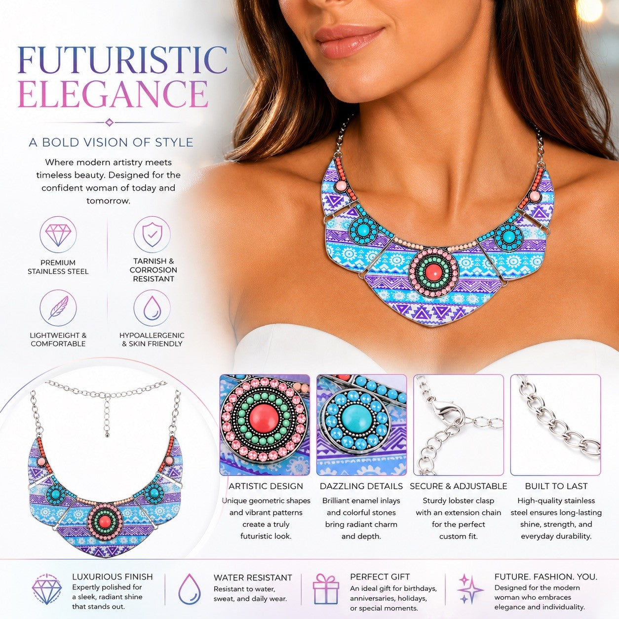 Women’s Stainless Steel Necklace & Earrings Jewelry Set Floral Adjustable Gift