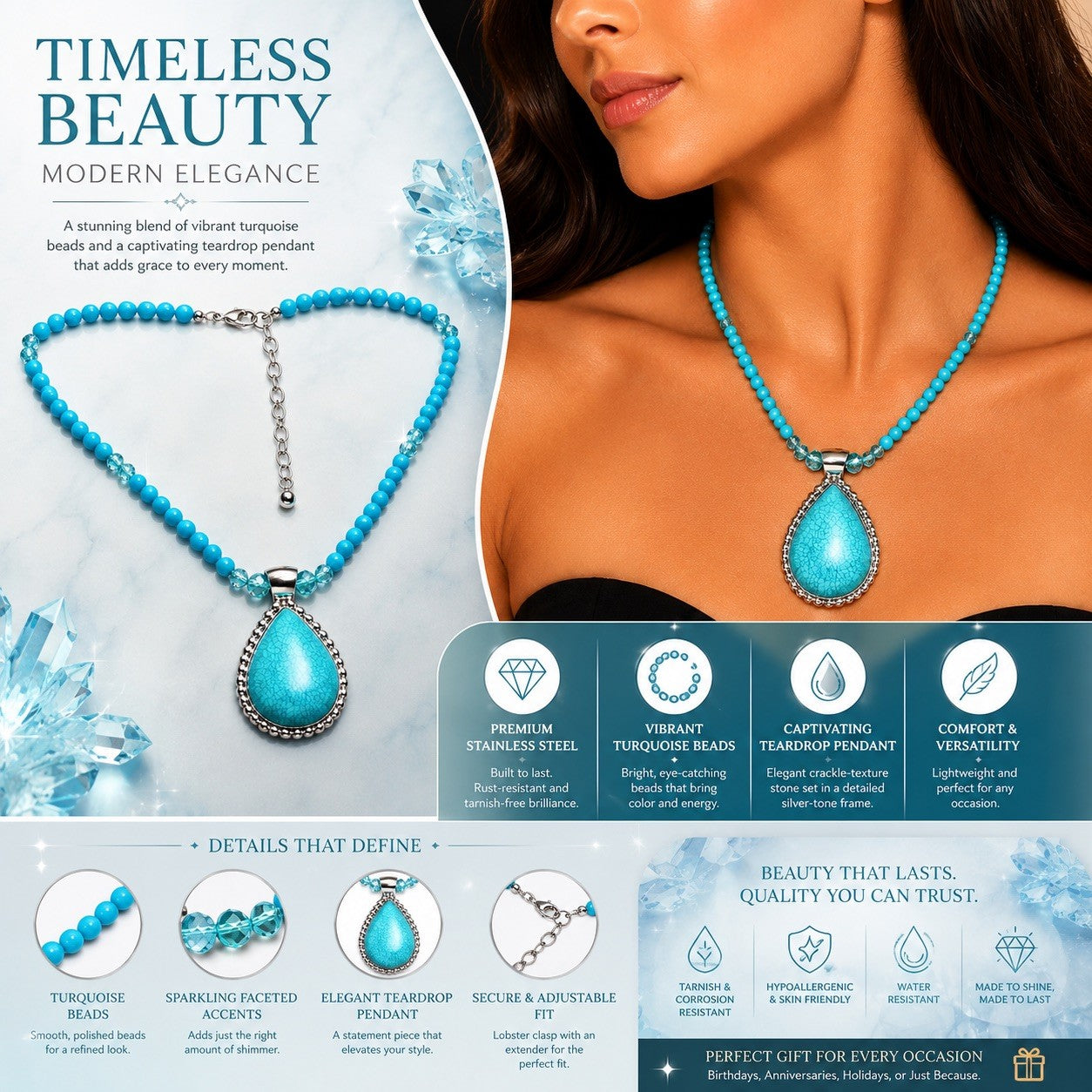 Women’s Stainless Steel Necklace & Earrings Jewelry Set Floral Adjustable Gift