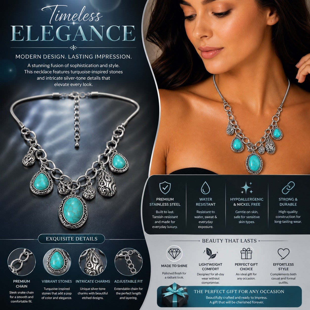 Women’s Stainless Steel Necklace & Earrings Jewelry Set Floral Adjustable Gift