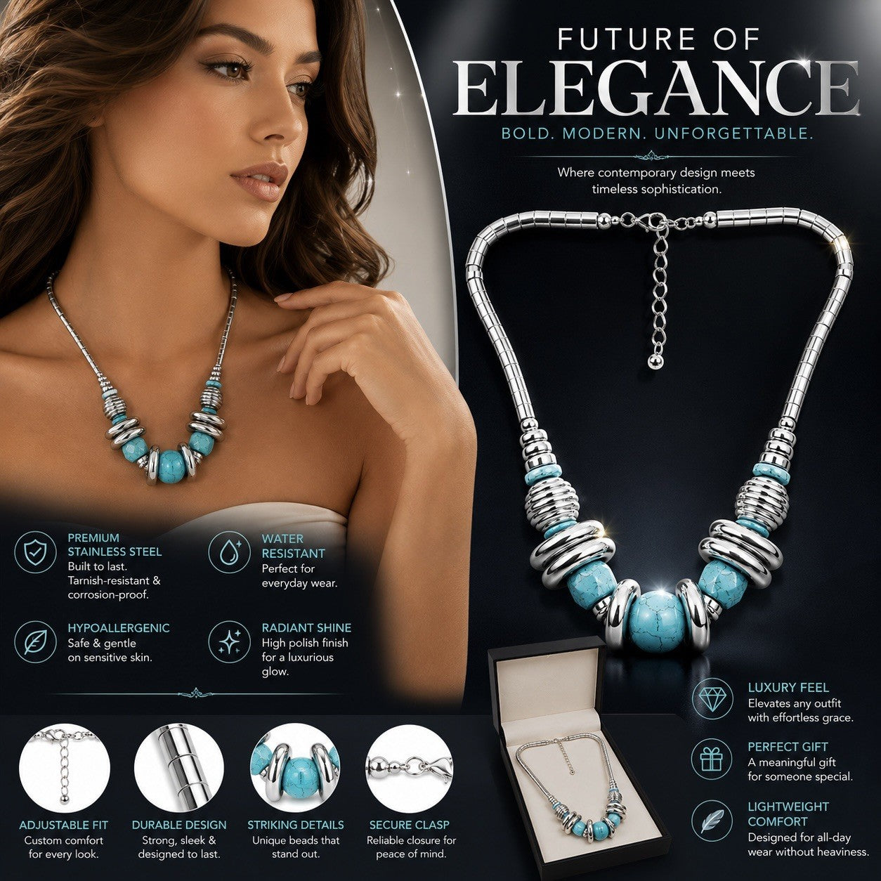 Women’s Stainless Steel Necklace & Earrings Jewelry Set Floral Adjustable Gift