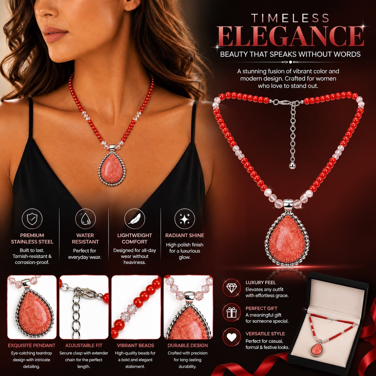 Women’s Stainless Steel Necklace & Earrings Jewelry Set Floral Adjustable Gift