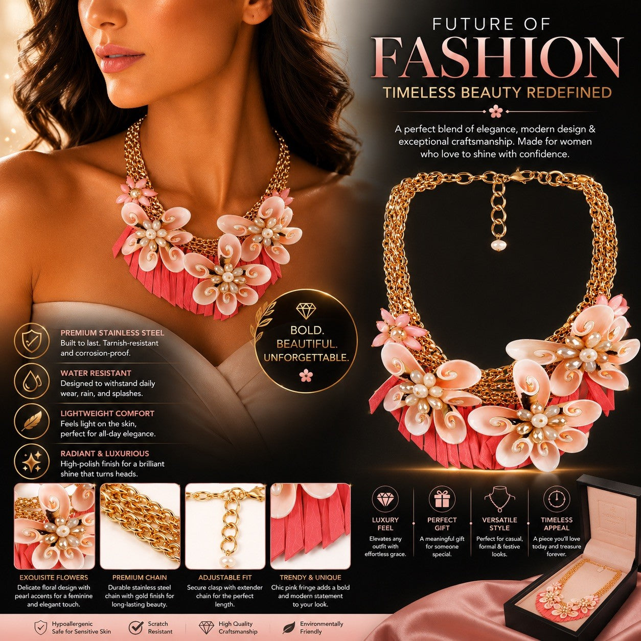 Women’s Stainless Steel Necklace & Earrings Jewelry Set Floral Adjustable Gift - Lumi and Leo