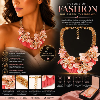 Women’s Stainless Steel Necklace & Earrings Jewelry Set Floral Adjustable Gift - Lumi and Leo