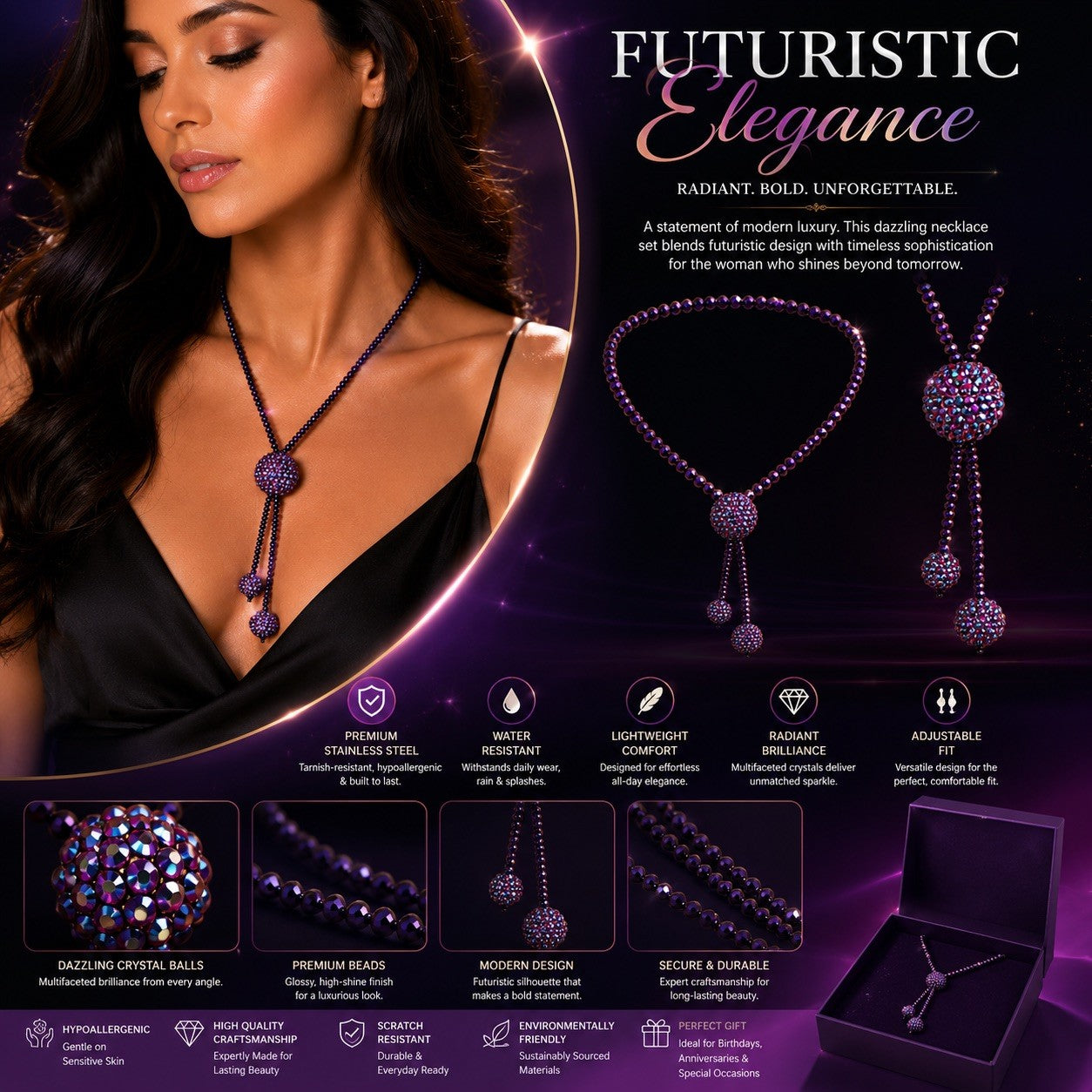 Women’s Stainless Steel Necklace & Earrings Jewelry Set Floral Adjustable Gift - Lumi and Leo