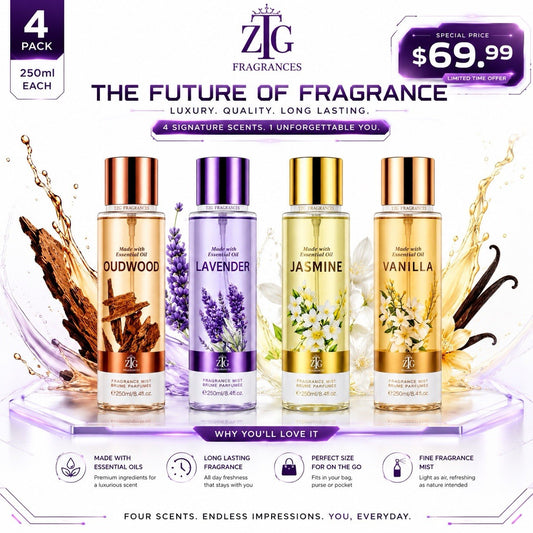 ZTG Fragrances 4 Pack Fragrance Mist Set 250ml Each Essential Oil Body Spray - Lumi and Leo
