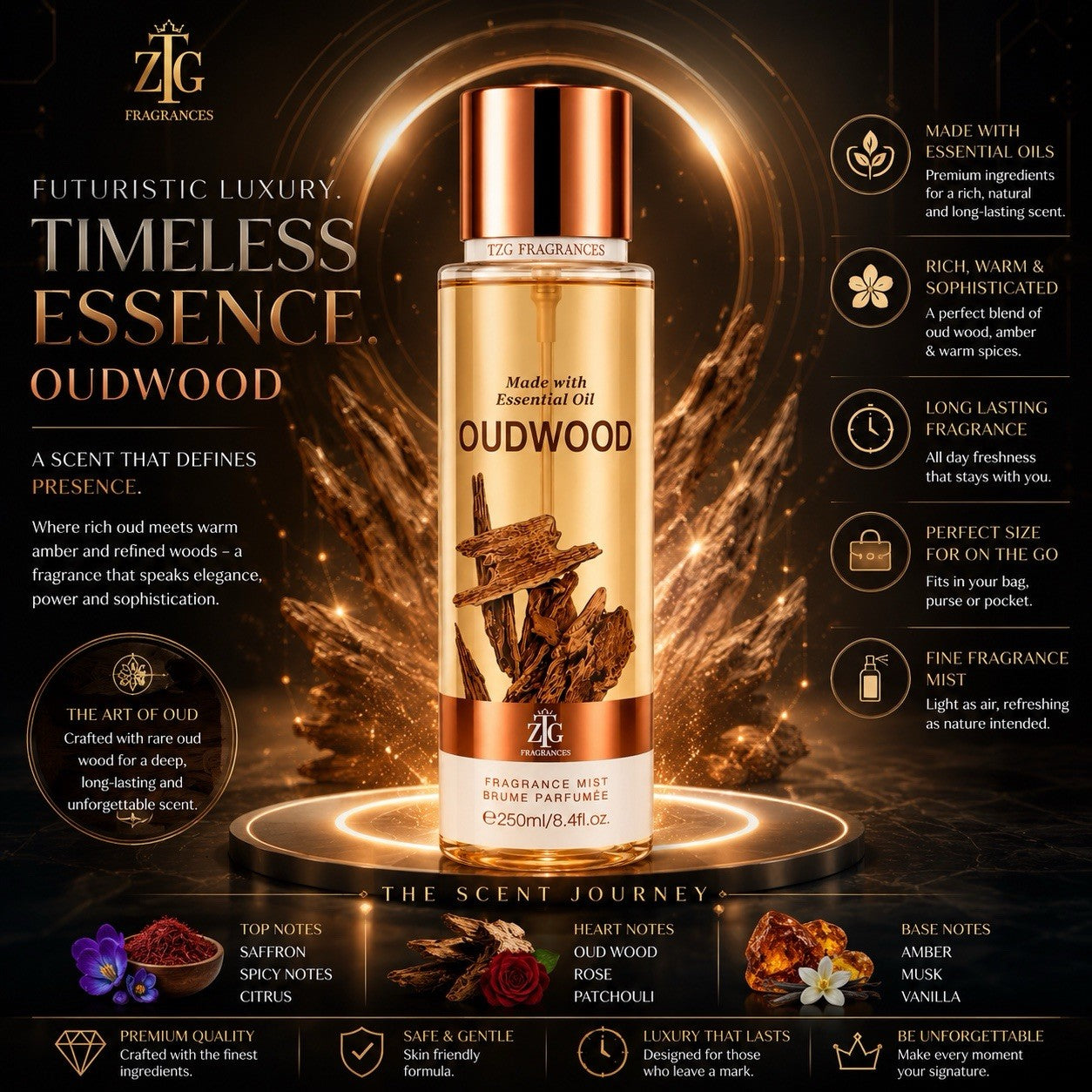 ZTG Fragrances Oudwood Fragrance Mist 250ml Made with Essential Oils Body Spray