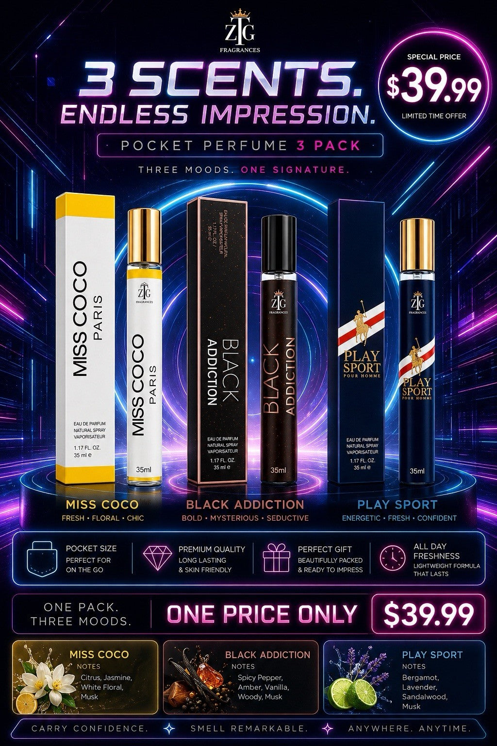 ZTG Pocket Perfume 35ml Eau De Parfum Long Lasting Travel Spray Unisex - Lumi and Leo