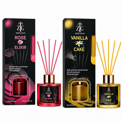 ZTG Reed Diffuser Set 2 Pack Rose Elixir & Vanilla Cake Home Fragrance - Lumi and Leo