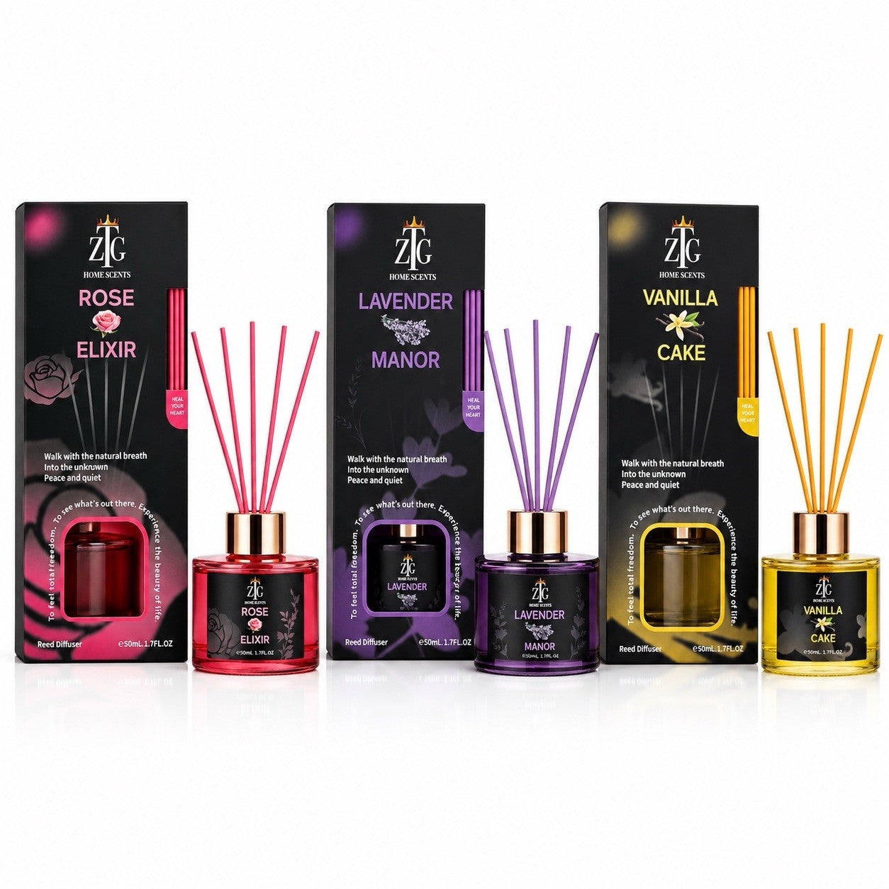 ZTG Reed Diffuser Set 3 Pack Rose Lavender Vanilla Home Fragrance 50mL