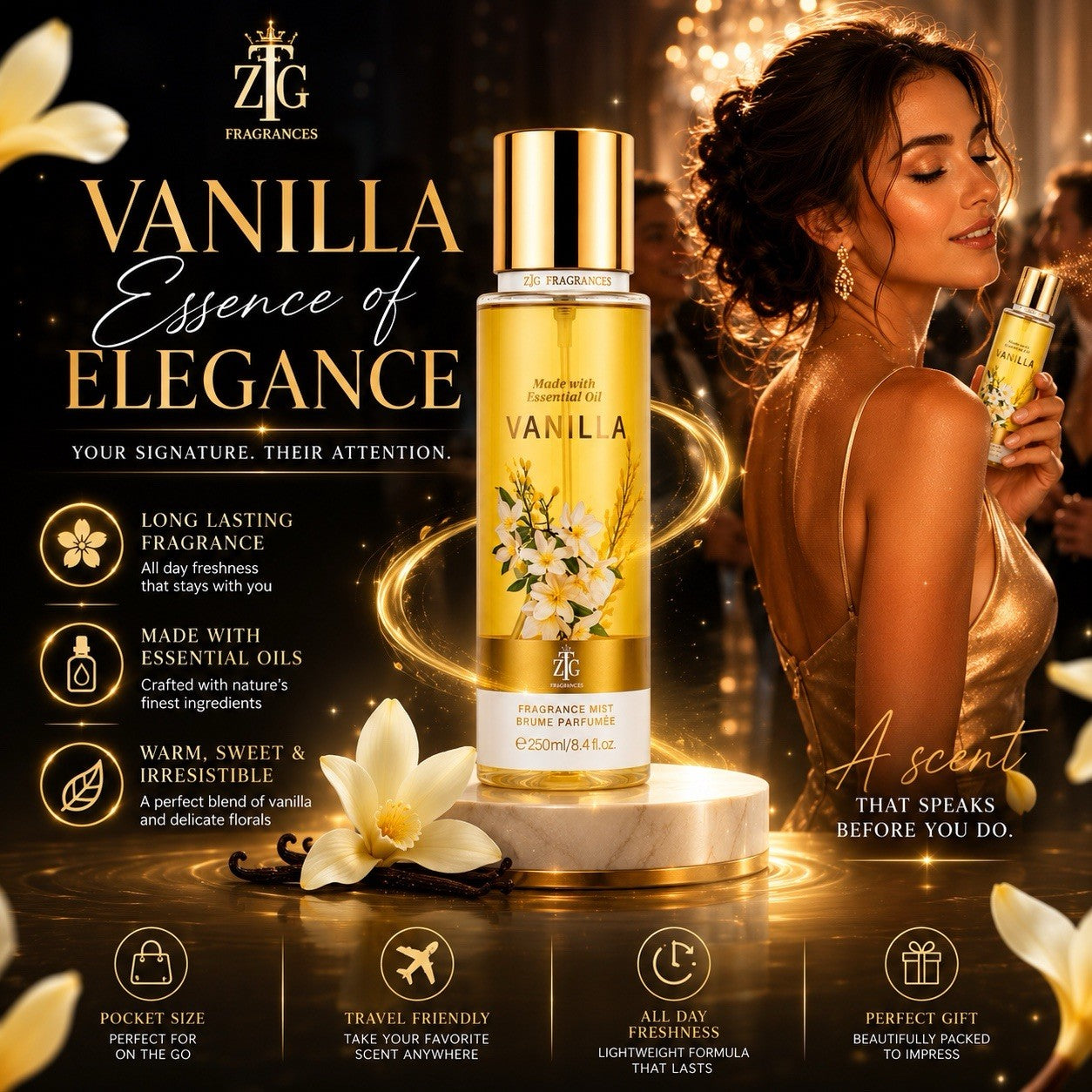 ZTG Vanilla Fragrance Mist 250ml Body Spray Made with Essential Oil Long Lasting - Lumi and Leo