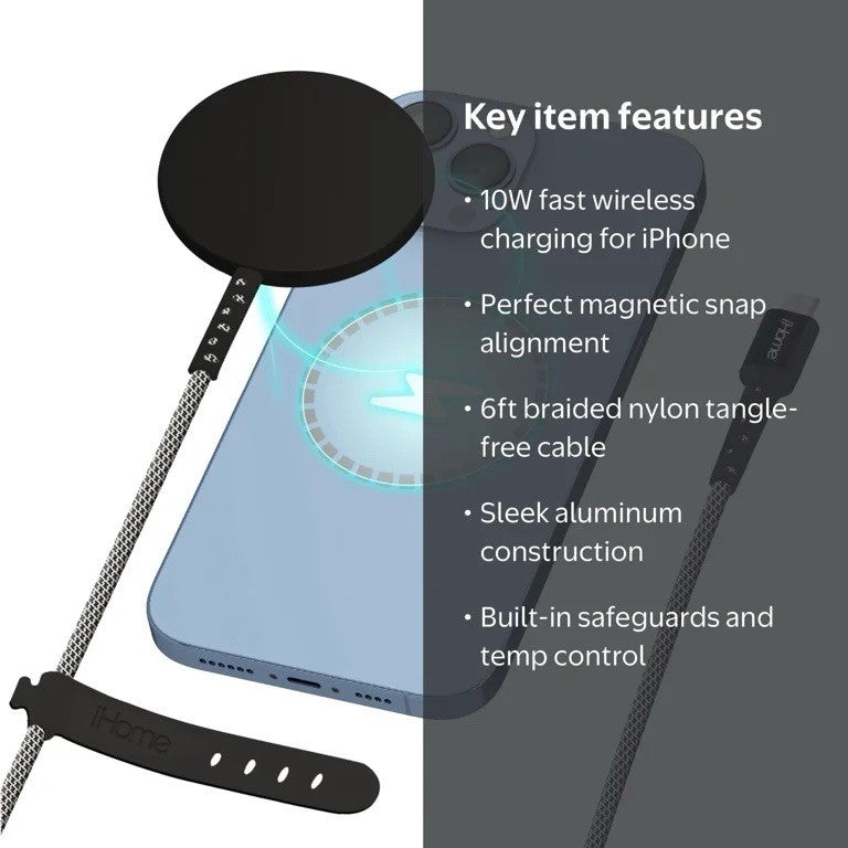 iHome 10W Magnetic Wireless Charger Puck 10ft Cable iPhone 12/13 2IHQI0851