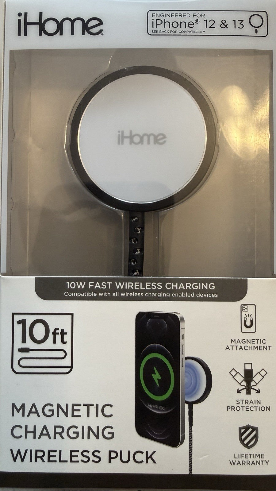 iHome 10W Magnetic Wireless Charger Puck 10ft Cable iPhone 12/13 2IHQI0851
