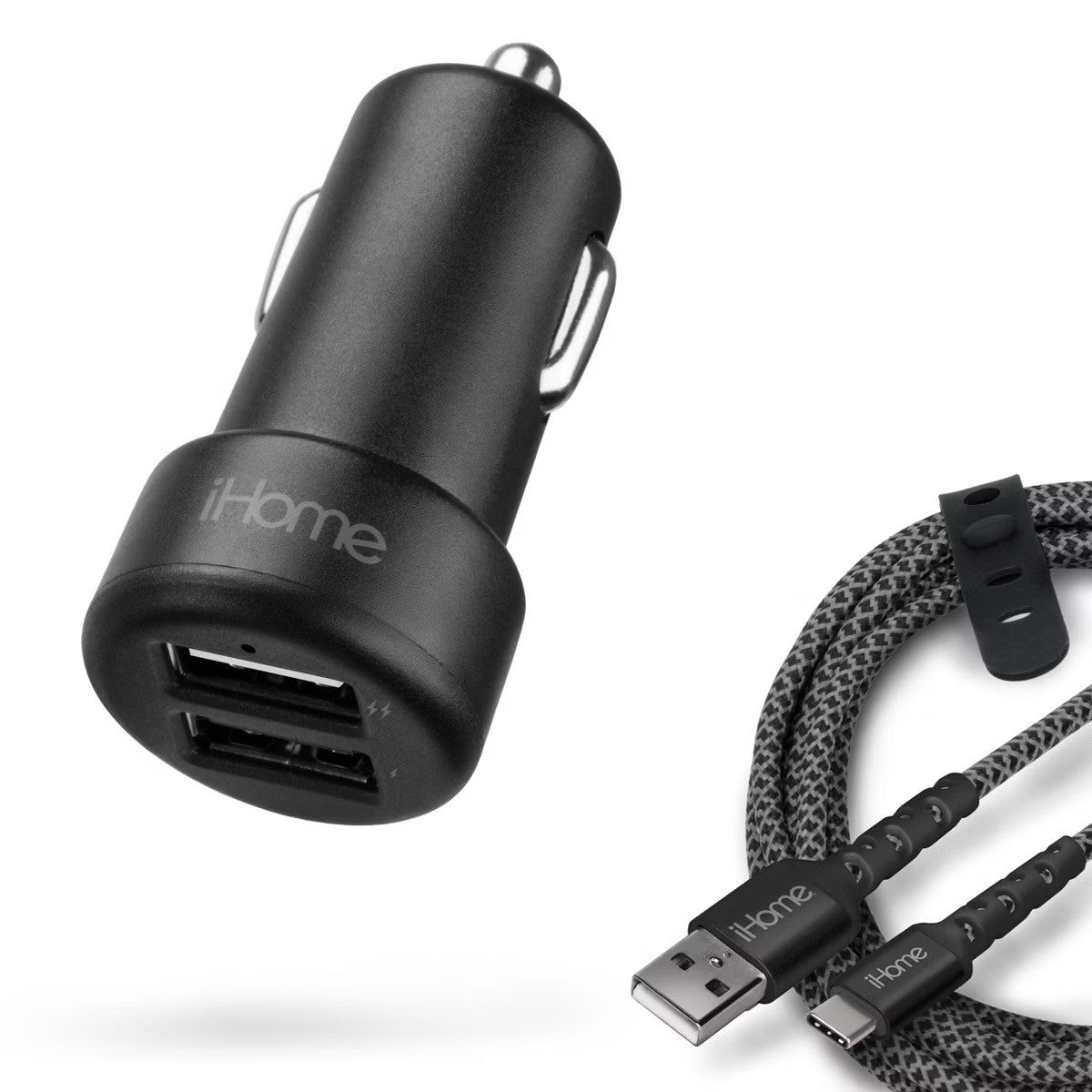 iHome 3.4A Dual Port Car Charger 3ft USB-C Braided Cable Rapid Charge