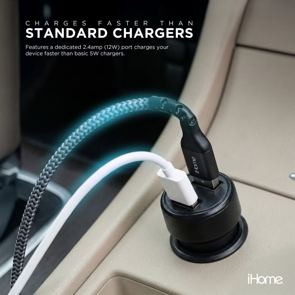 iHome 3.4A Dual Port Car Charger 3ft USB-C Braided Cable Rapid Charge