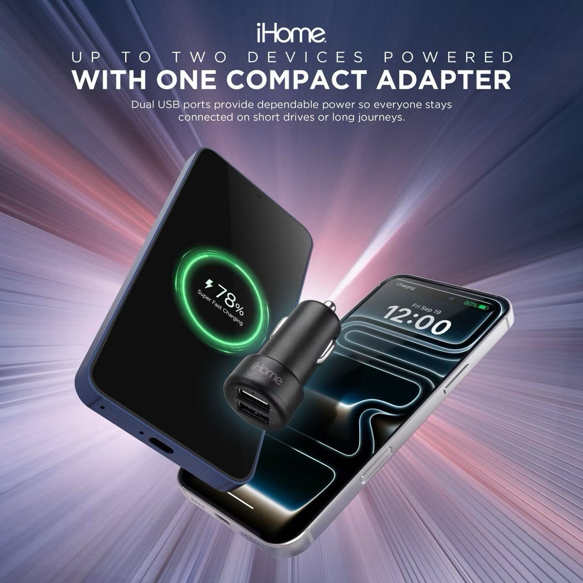 iHome 3.4A Dual Port Car Charger 3ft USB-C Braided Cable Rapid Charge - Lumi and Leo