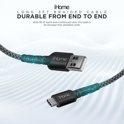 iHome 3.4A Dual Port Car Charger 3ft USB-C Braided Cable Rapid Charge - Lumi and Leo